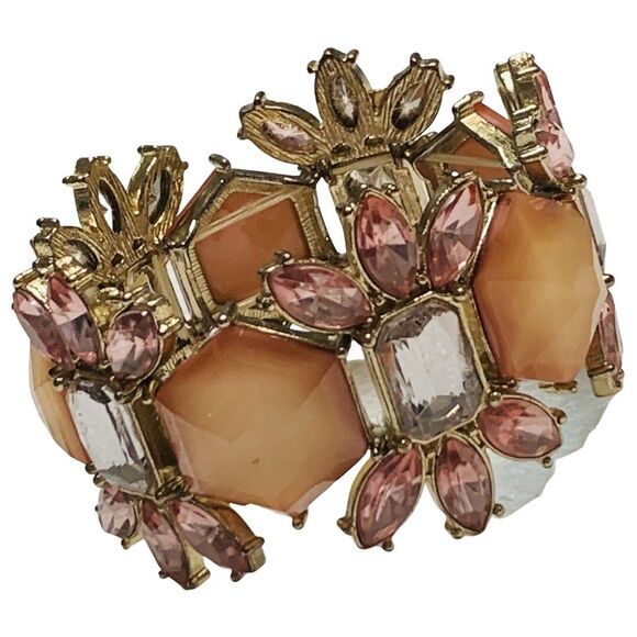 VTG Pink Rhinestone Flower Wide Bracelet 7" Silver Tone Cottagecore Trendy - Picture 4 of 10